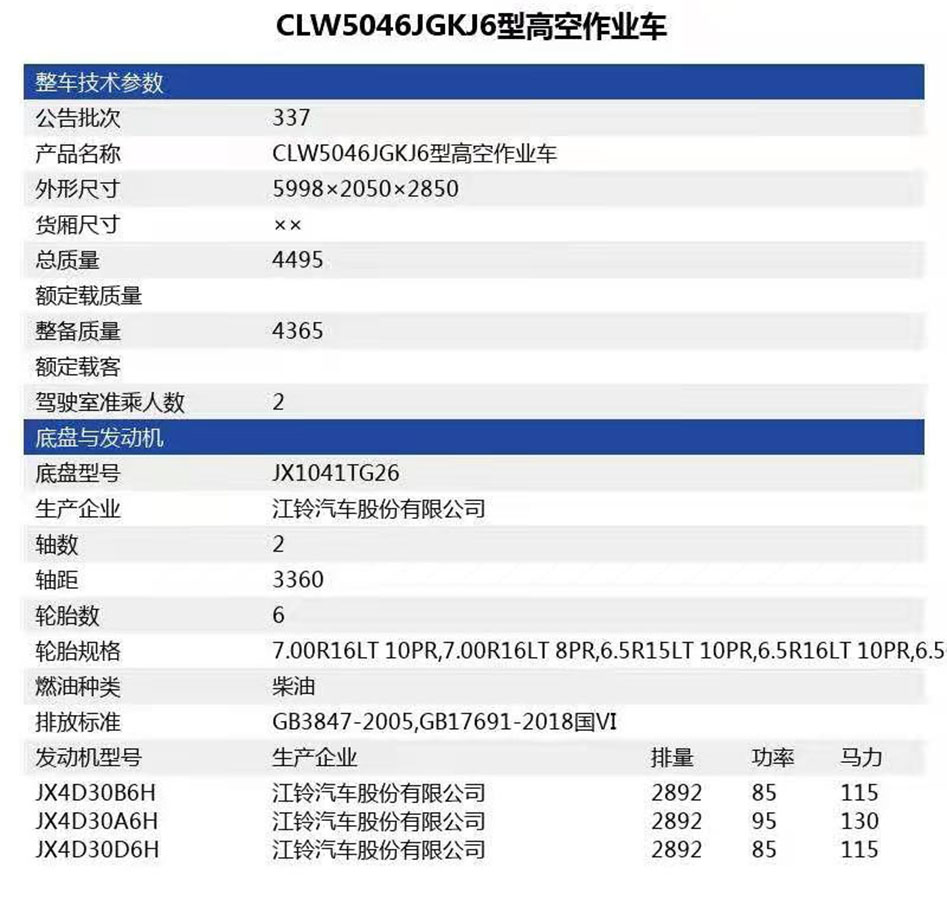 国六江铃16米高空作业车参数表